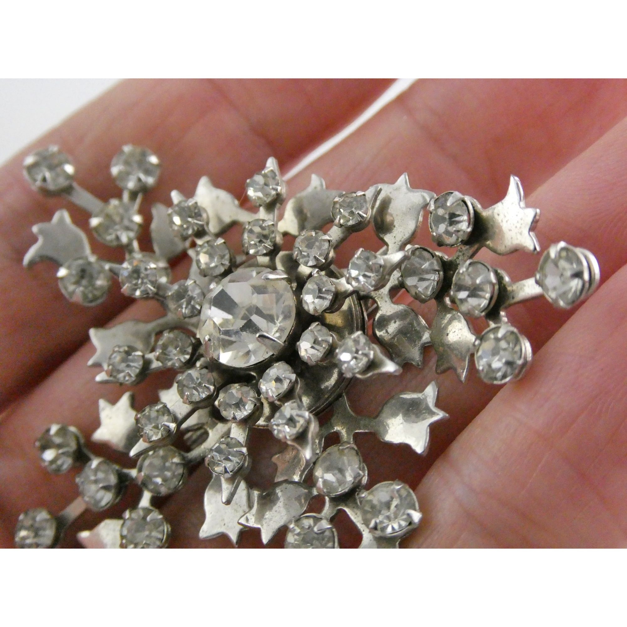 Vintage Silver Tone Metal Flowers and White Rhinestone Brooch Pin 13g 56mm Long