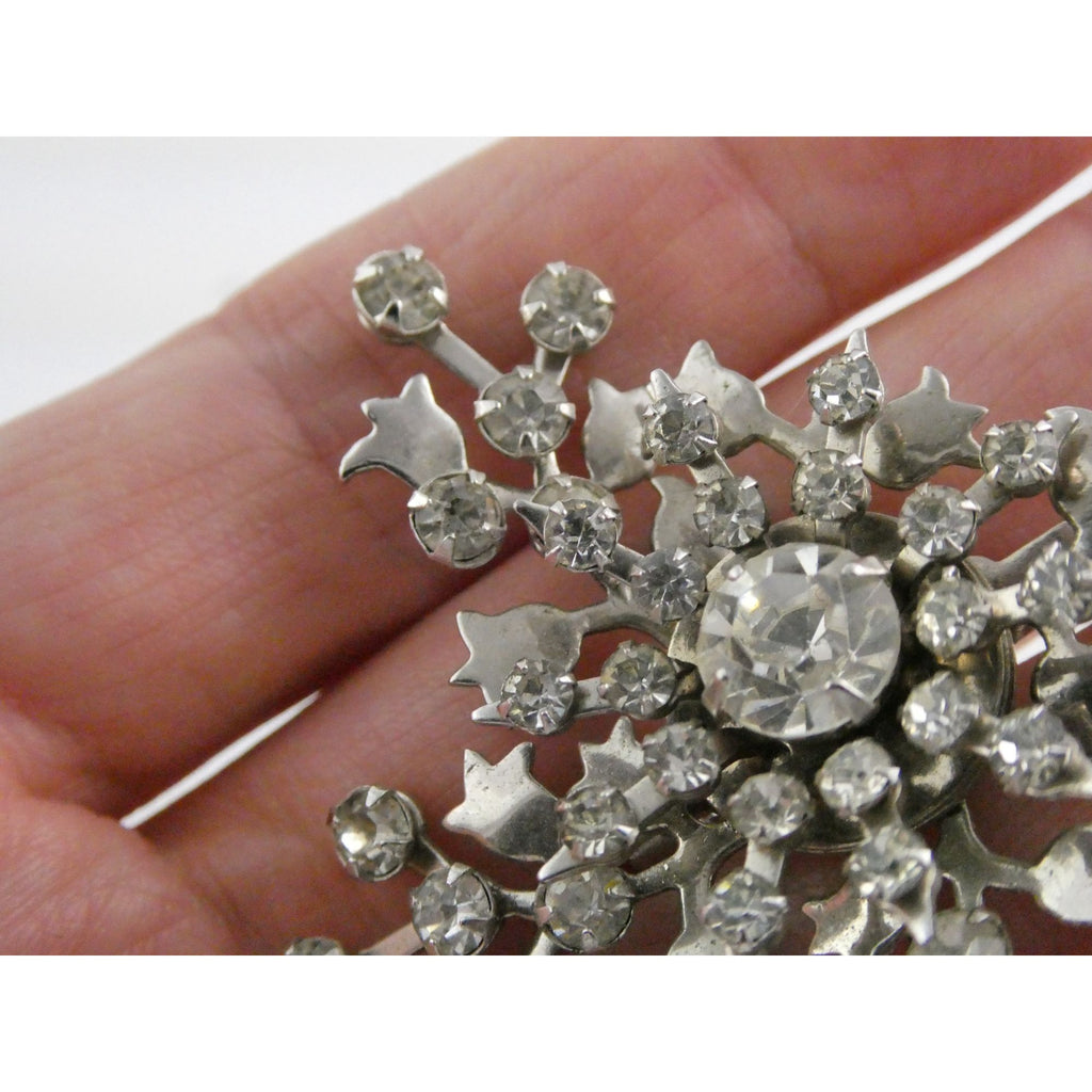 Vintage Silver Tone Metal Flowers and White Rhinestone Brooch Pin 13g 56mm Long