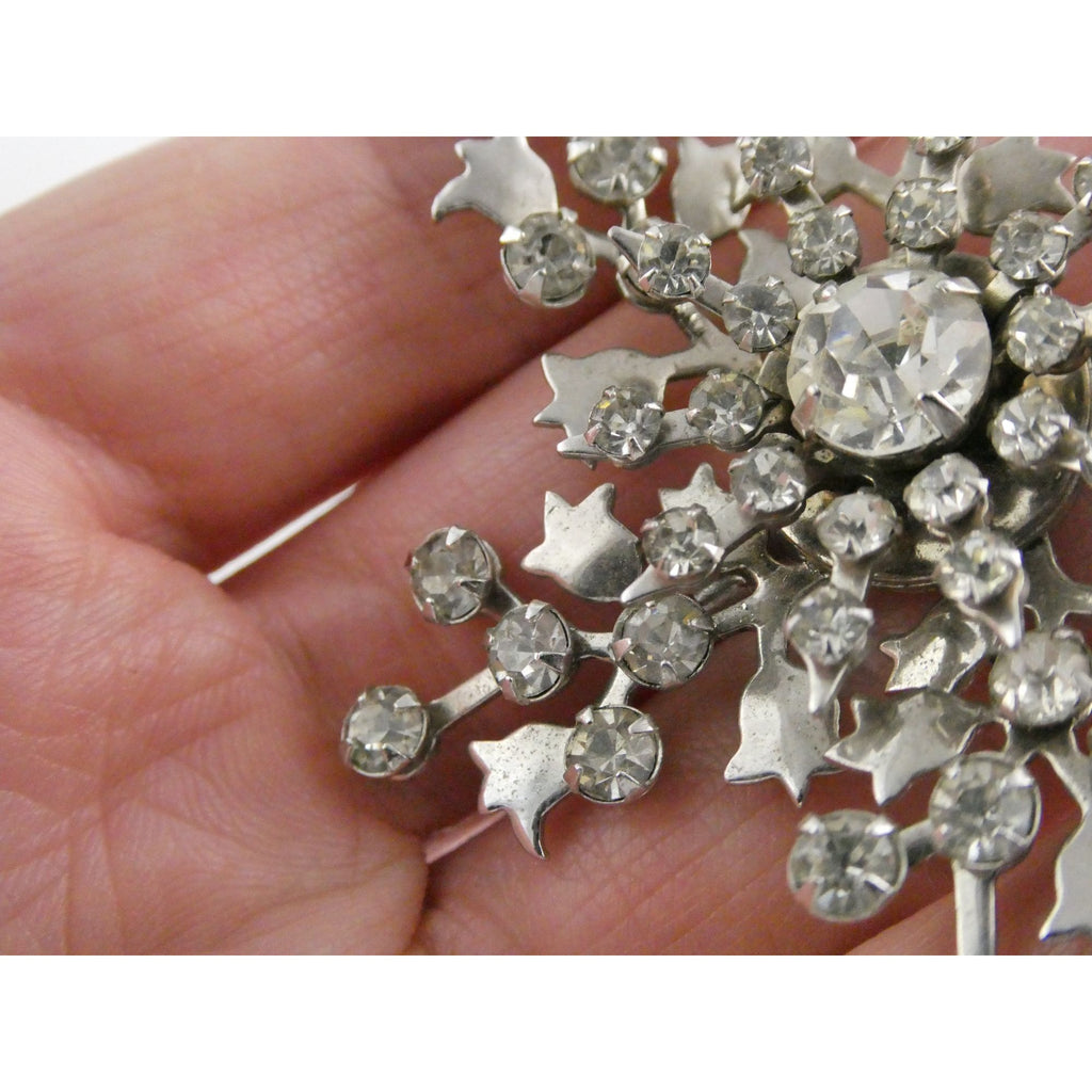 Vintage Silver Tone Metal Flowers and White Rhinestone Brooch Pin 13g 56mm Long