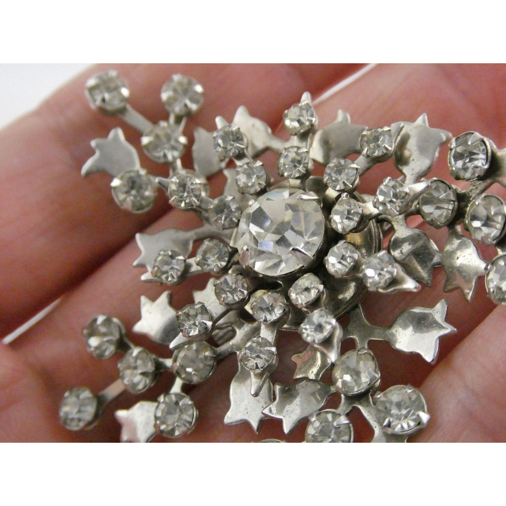 Vintage Silver Tone Metal Flowers and White Rhinestone Brooch Pin 13g 56mm Long