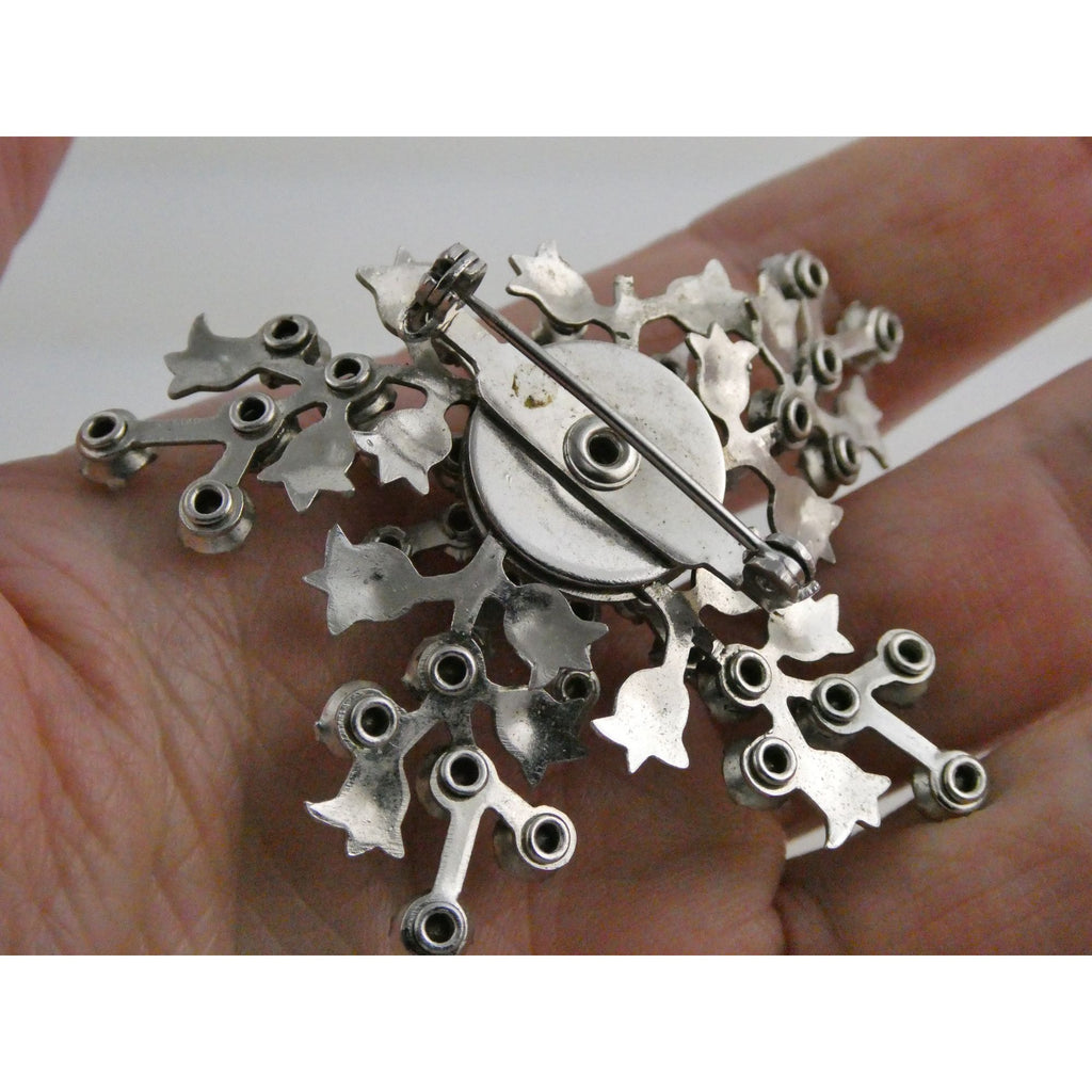 Vintage Silver Tone Metal Flowers and White Rhinestone Brooch Pin 13g 56mm Long