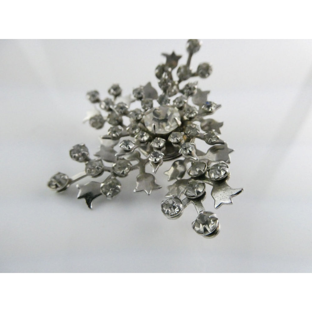 Vintage Silver Tone Metal Flowers and White Rhinestone Brooch Pin 13g 56mm Long