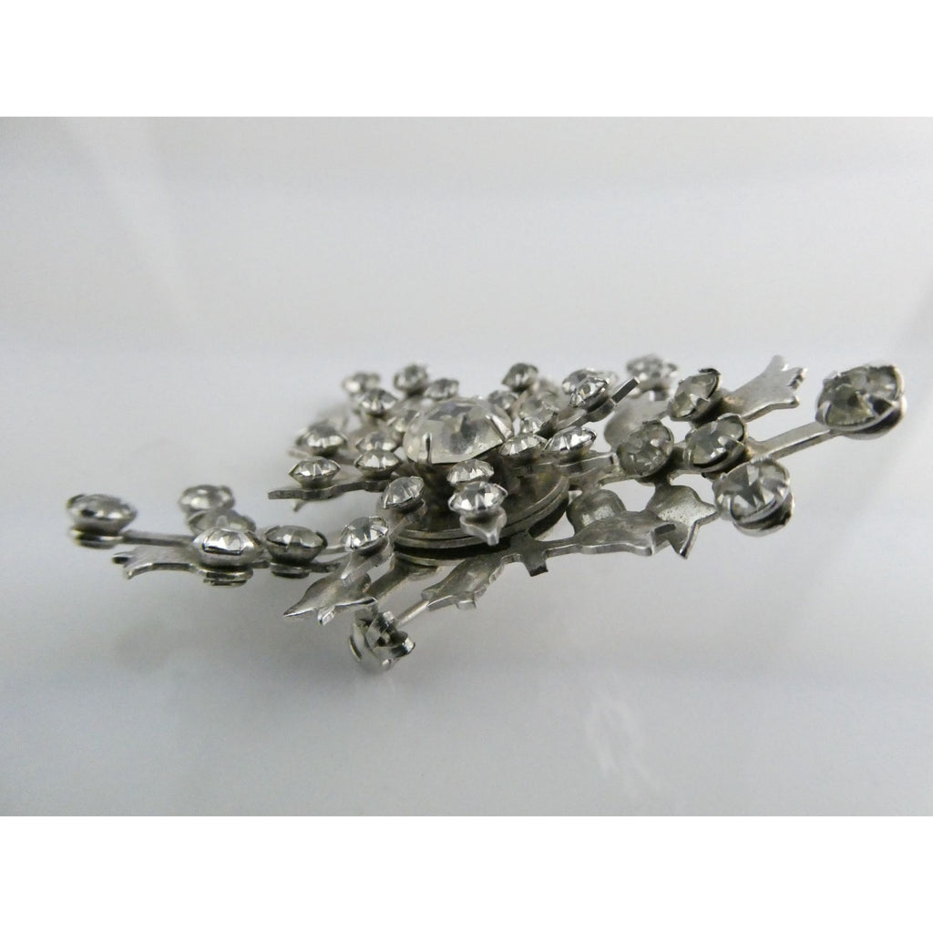 Vintage Silver Tone Metal Flowers and White Rhinestone Brooch Pin 13g 56mm Long