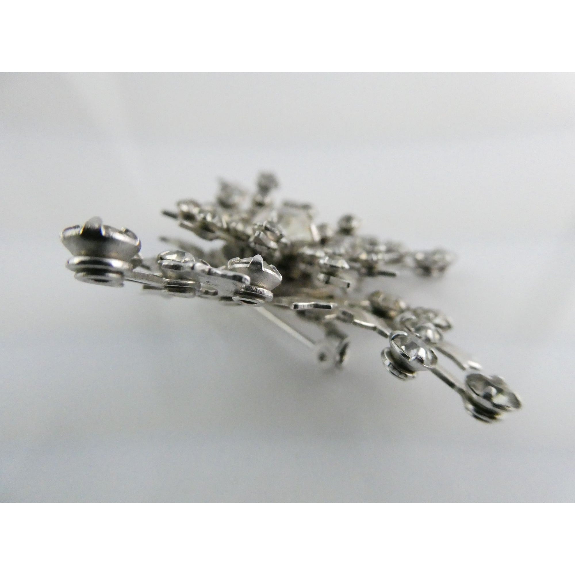Vintage Silver Tone Metal Flowers and White Rhinestone Brooch Pin 13g 56mm Long