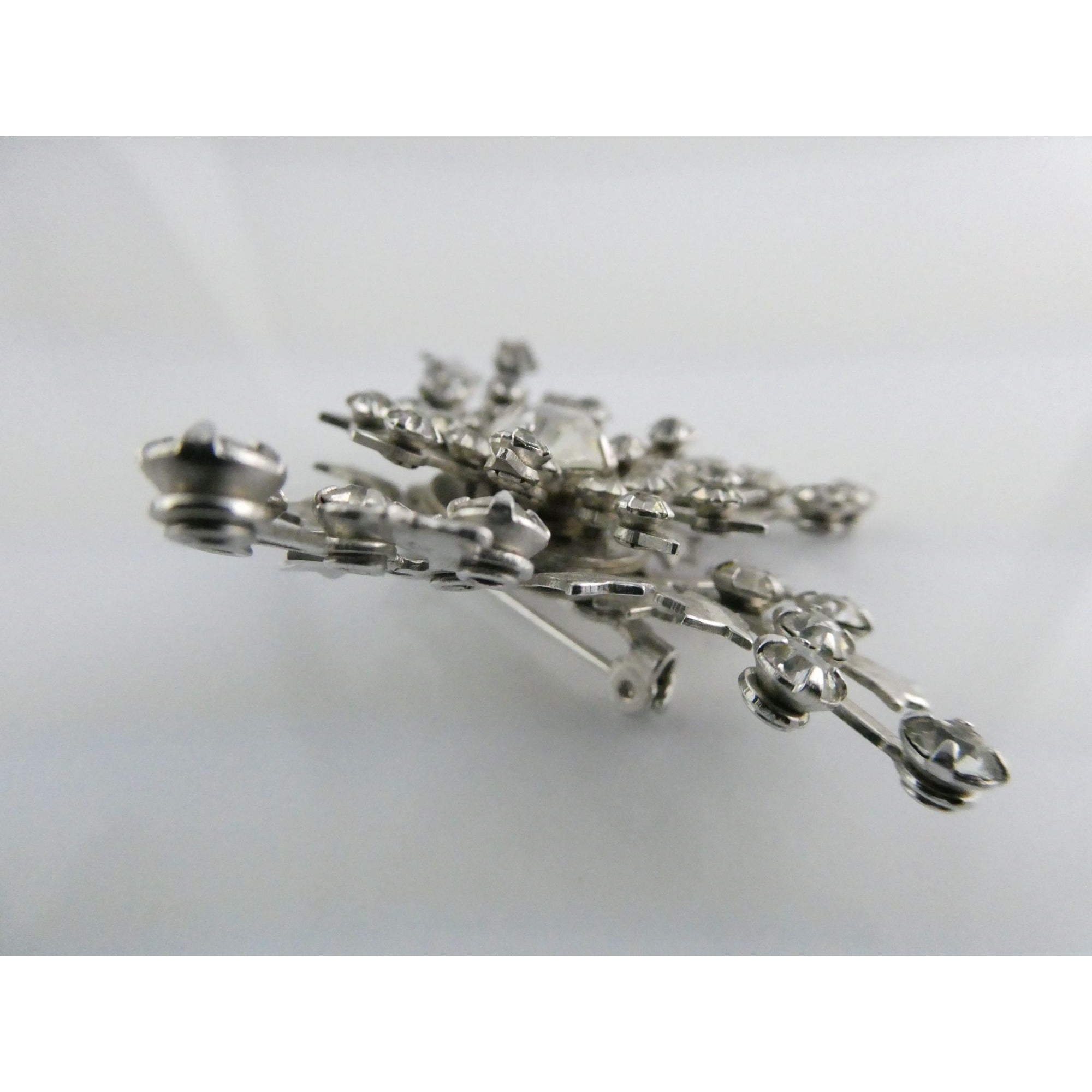 Vintage Silver Tone Metal Flowers and White Rhinestone Brooch Pin 13g 56mm Long