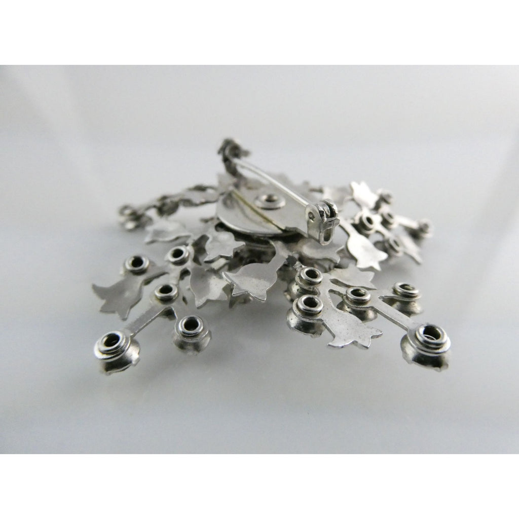 Vintage Silver Tone Metal Flowers and White Rhinestone Brooch Pin 13g 56mm Long