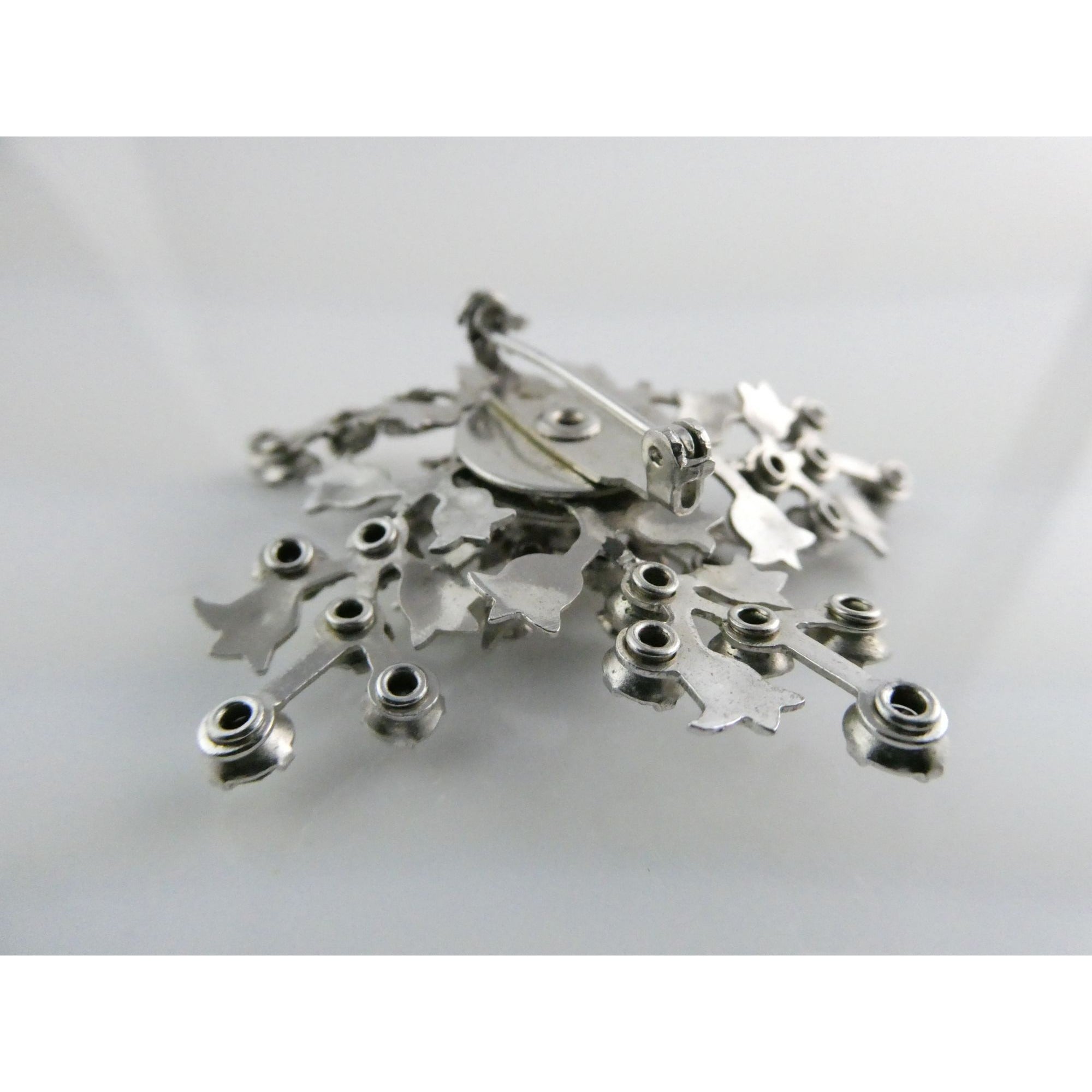 Vintage Silver Tone Metal Flowers and White Rhinestone Brooch Pin 13g 56mm Long
