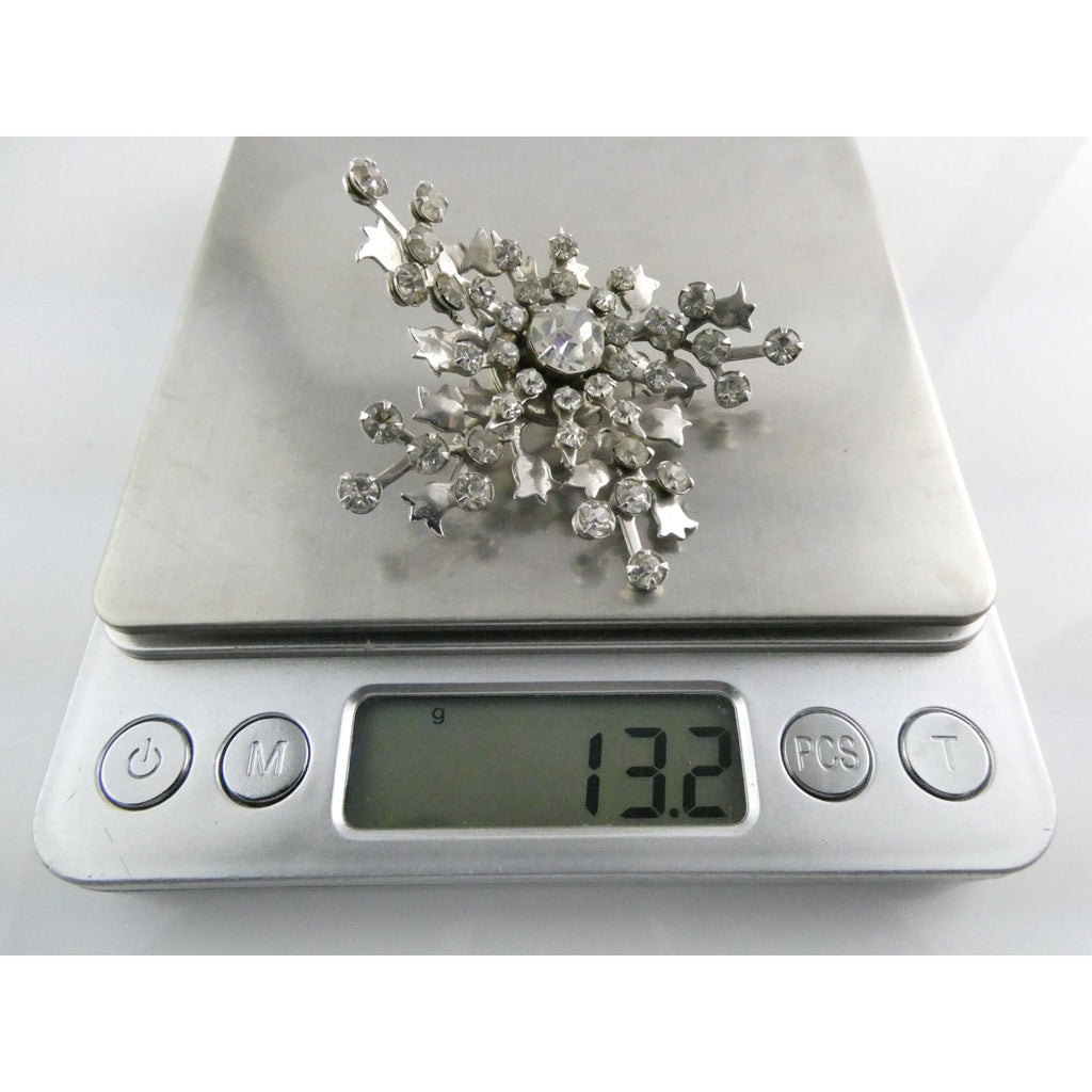 Vintage Silver Tone Metal Flowers and White Rhinestone Brooch Pin 13g 56mm Long