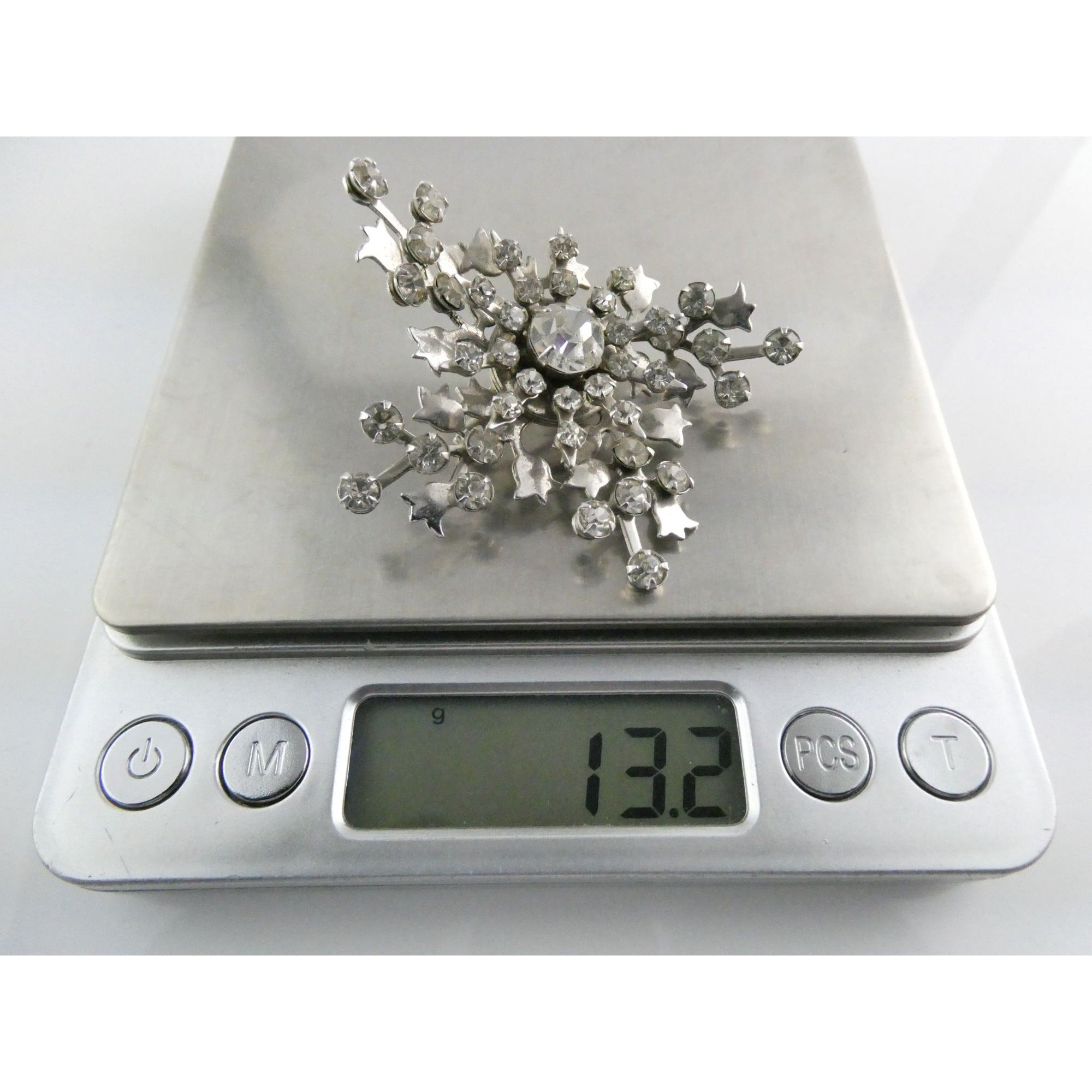 Vintage Silver Tone Metal Flowers and White Rhinestone Brooch Pin 13g 56mm Long