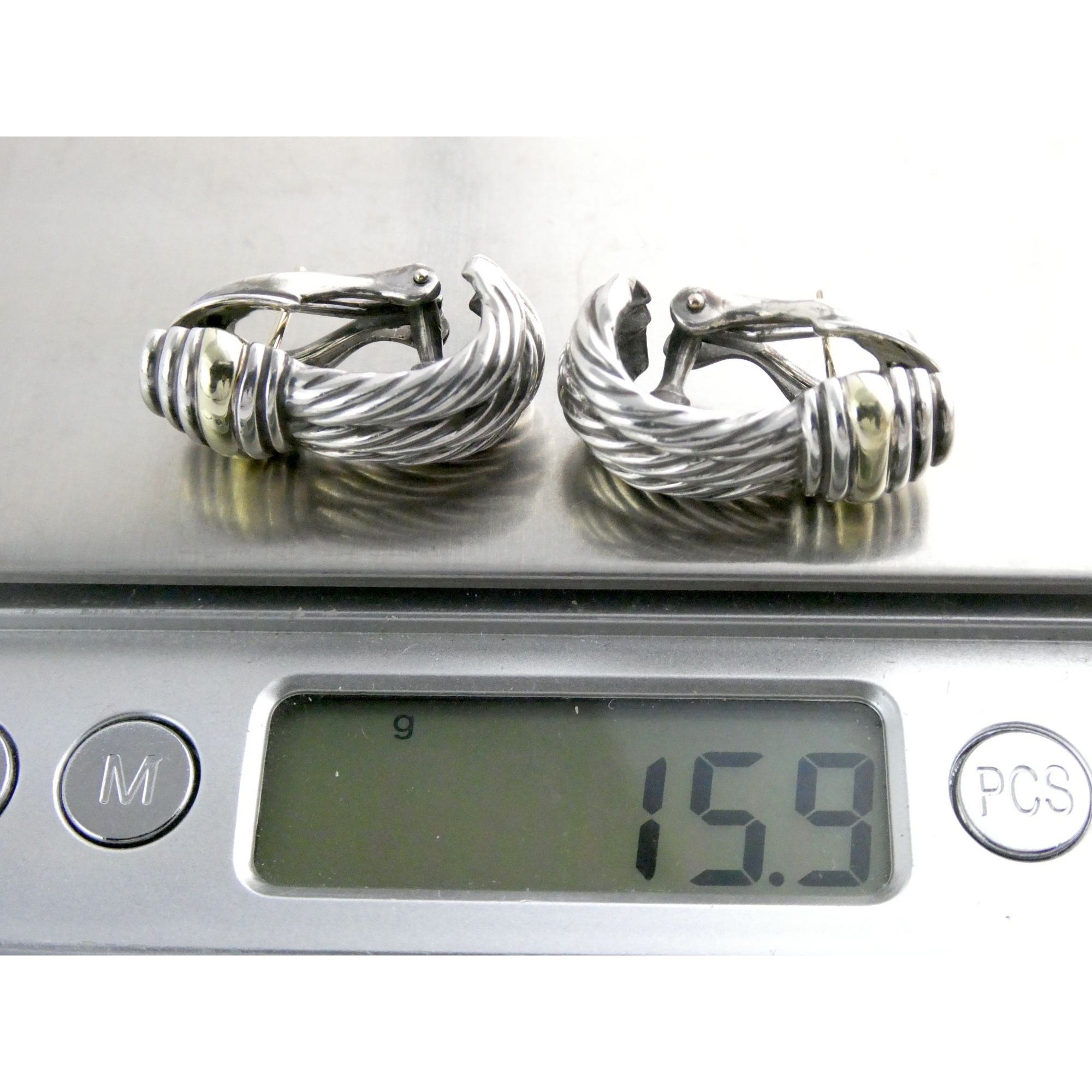 David Yurman Triple Cable Sterling Silver and 14K Yellow Gold Earrings 15g 27mm
