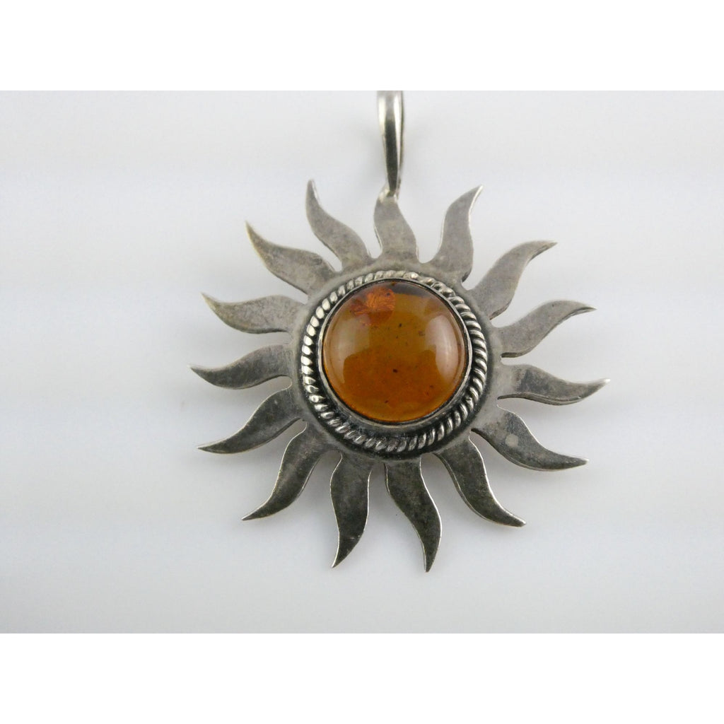 Sterling Silver Baltic Amber Cabochon Sun Pendant 4.2g 38mm Total Length
