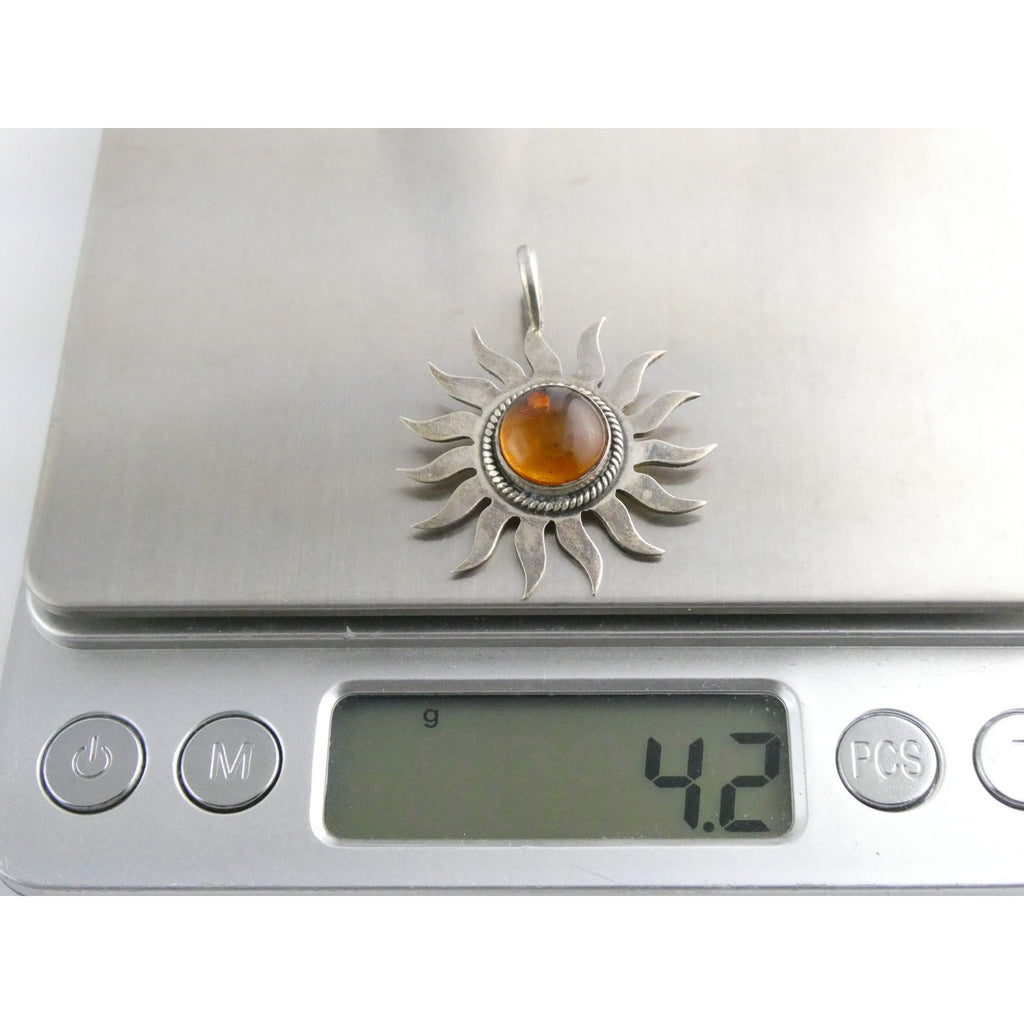 Sterling Silver Baltic Amber Cabochon Sun Pendant 4.2g 38mm Total Length
