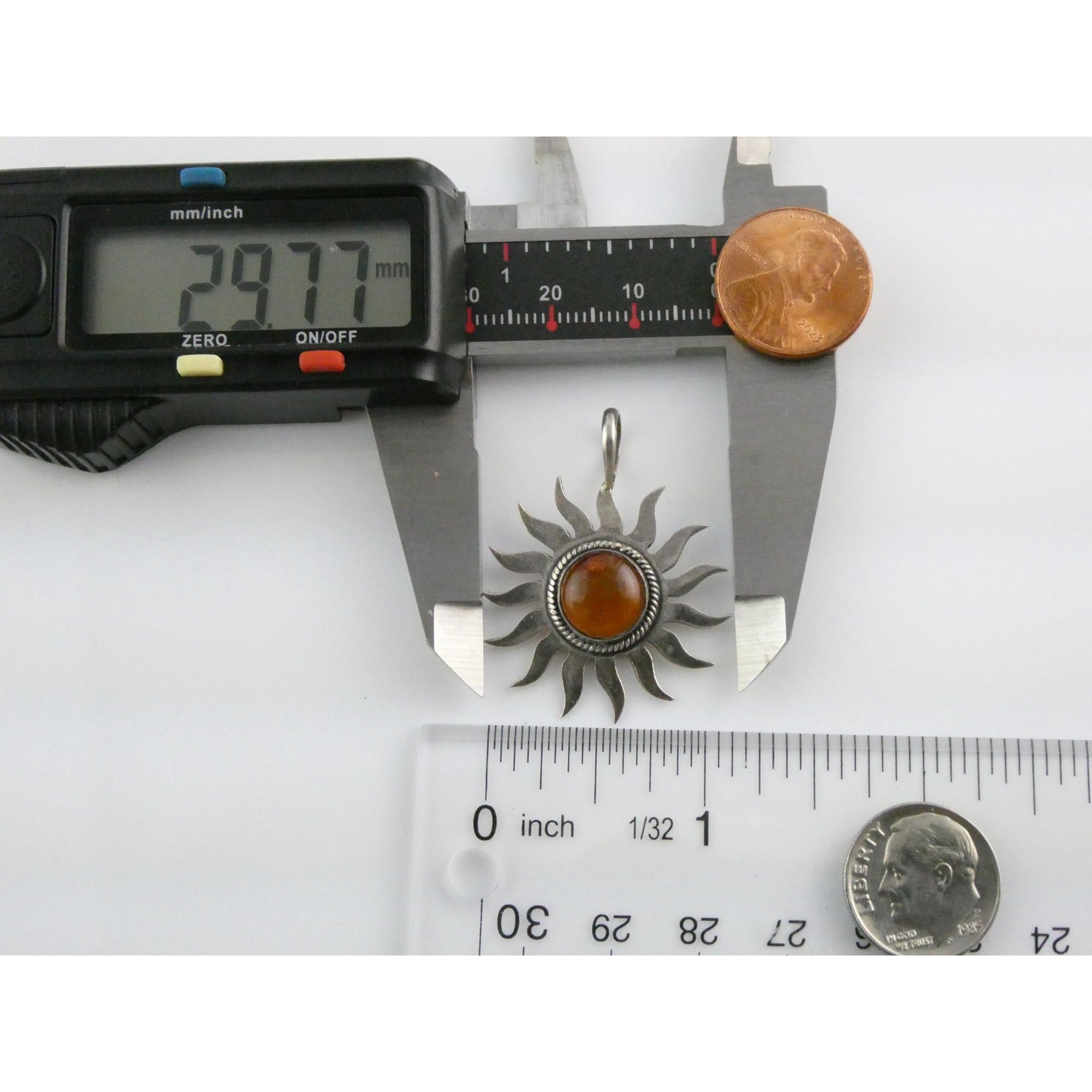 Sterling Silver Baltic Amber Cabochon Sun Pendant 4.2g 38mm Total Length