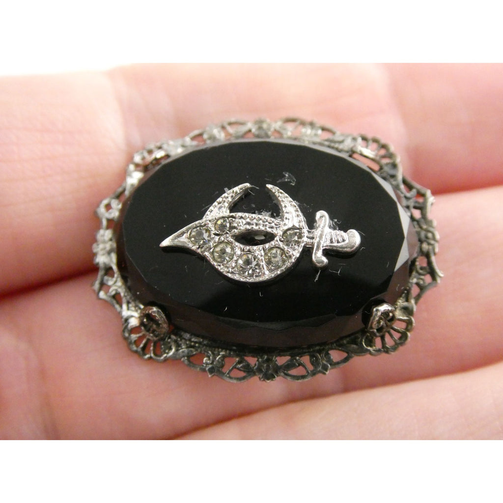 Vintage Sterling Silver Masonic Shriner Sword Black and White Glass Gem Pin 5g