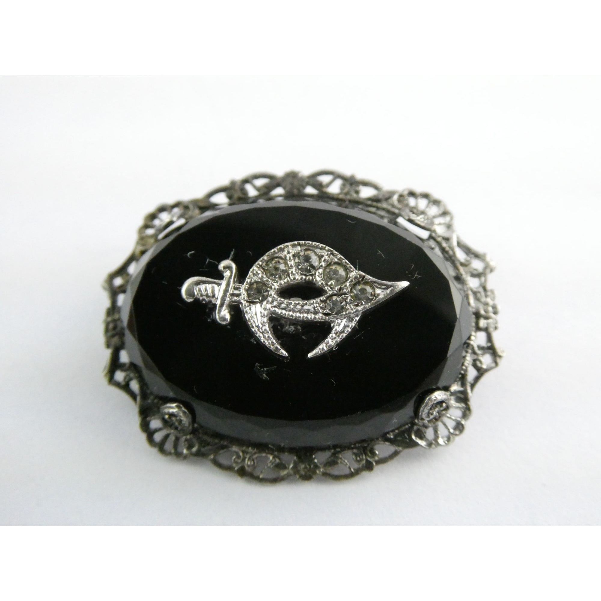 Vintage Sterling Silver Masonic Shriner Sword Black and White Glass Gem Pin 5g