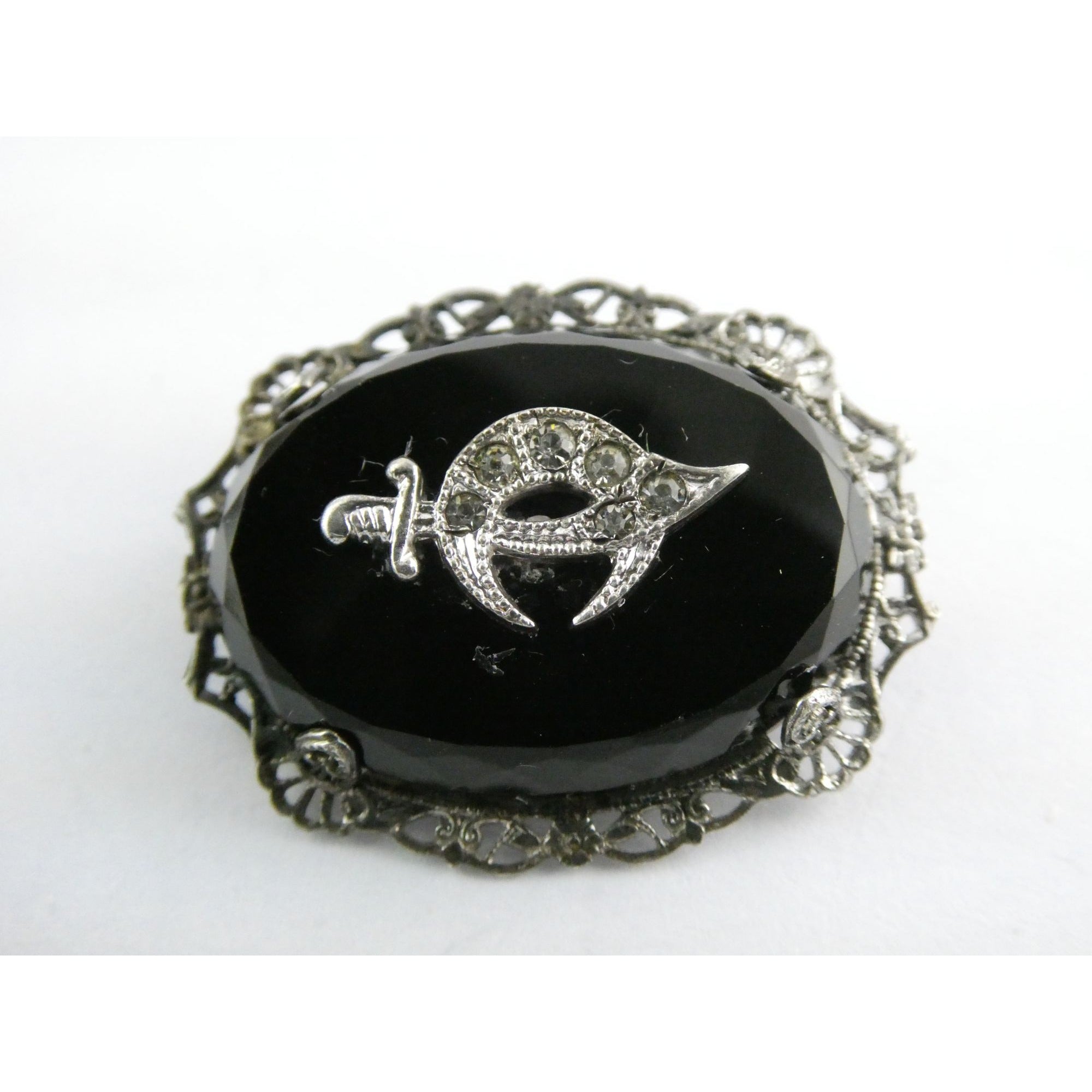 Vintage Sterling Silver Masonic Shriner Sword Black and White Glass Gem Pin 5g