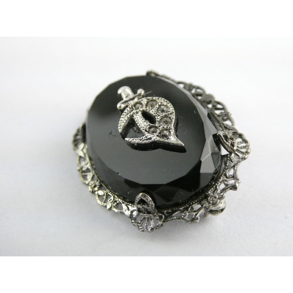 Vintage Sterling Silver Masonic Shriner Sword Black and White Glass Gem Pin 5g