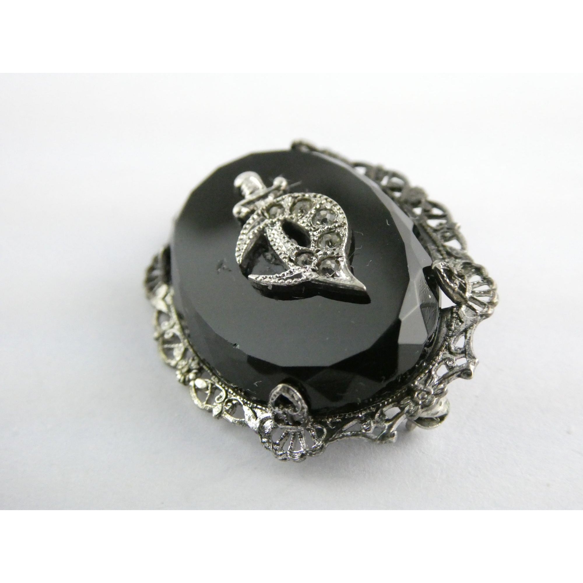 Vintage Sterling Silver Masonic Shriner Sword Black and White Glass Gem Pin 5g
