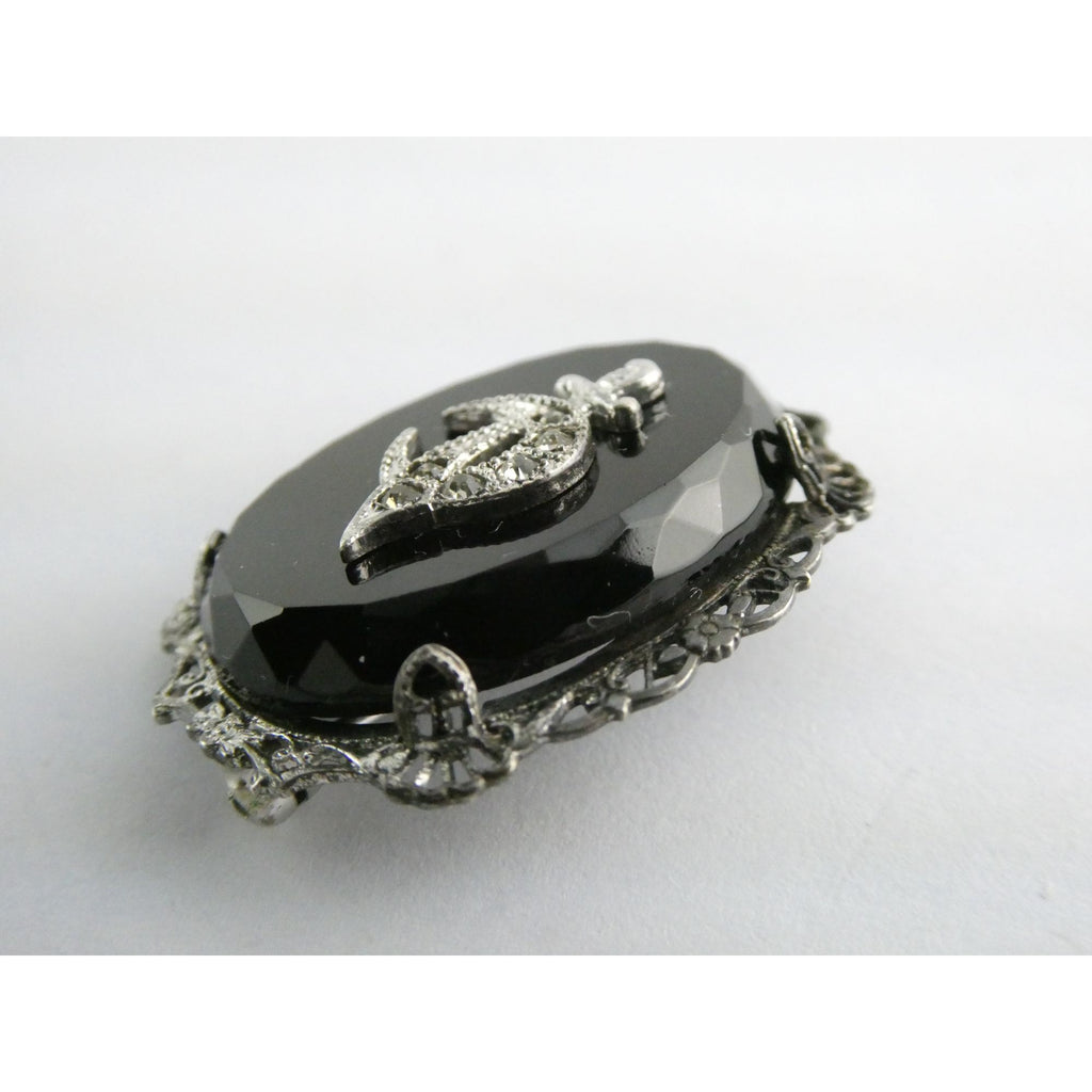 Vintage Sterling Silver Masonic Shriner Sword Black and White Glass Gem Pin 5g