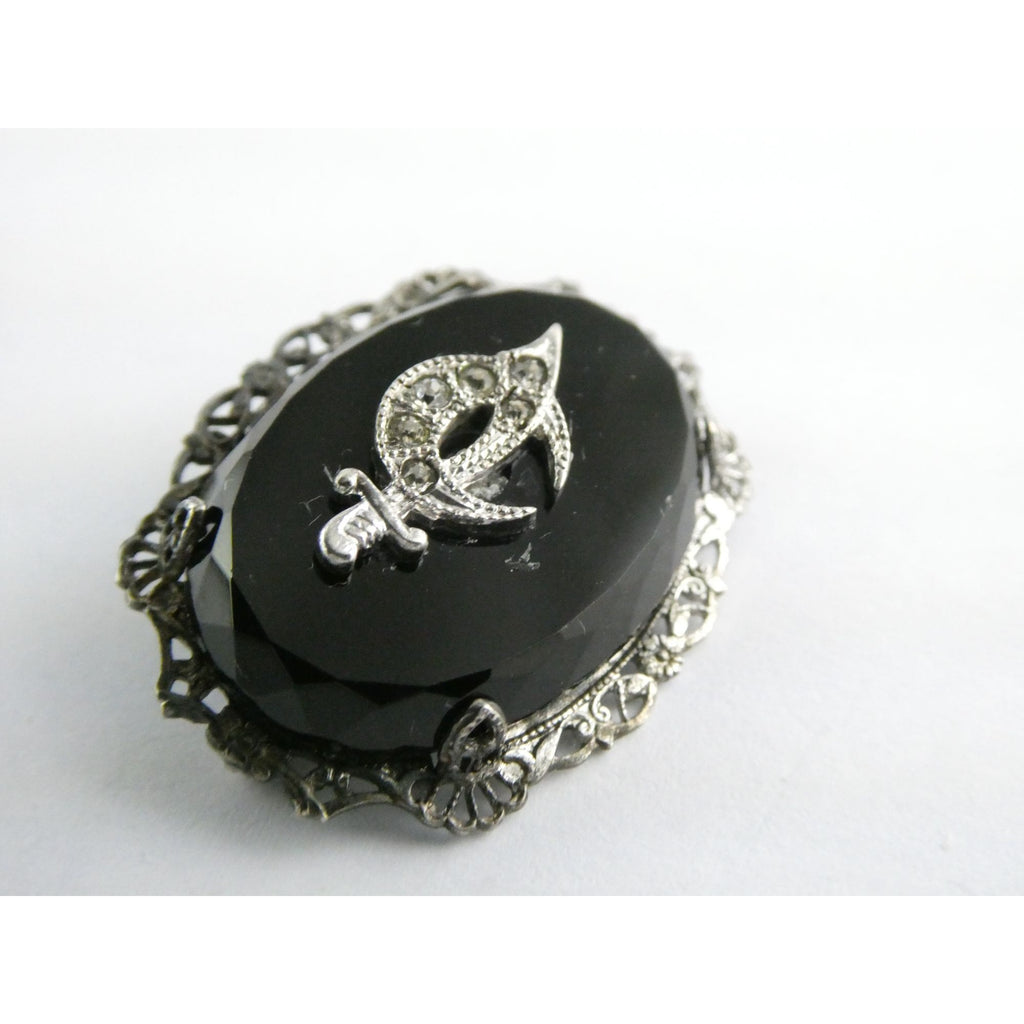 Vintage Sterling Silver Masonic Shriner Sword Black and White Glass Gem Pin 5g