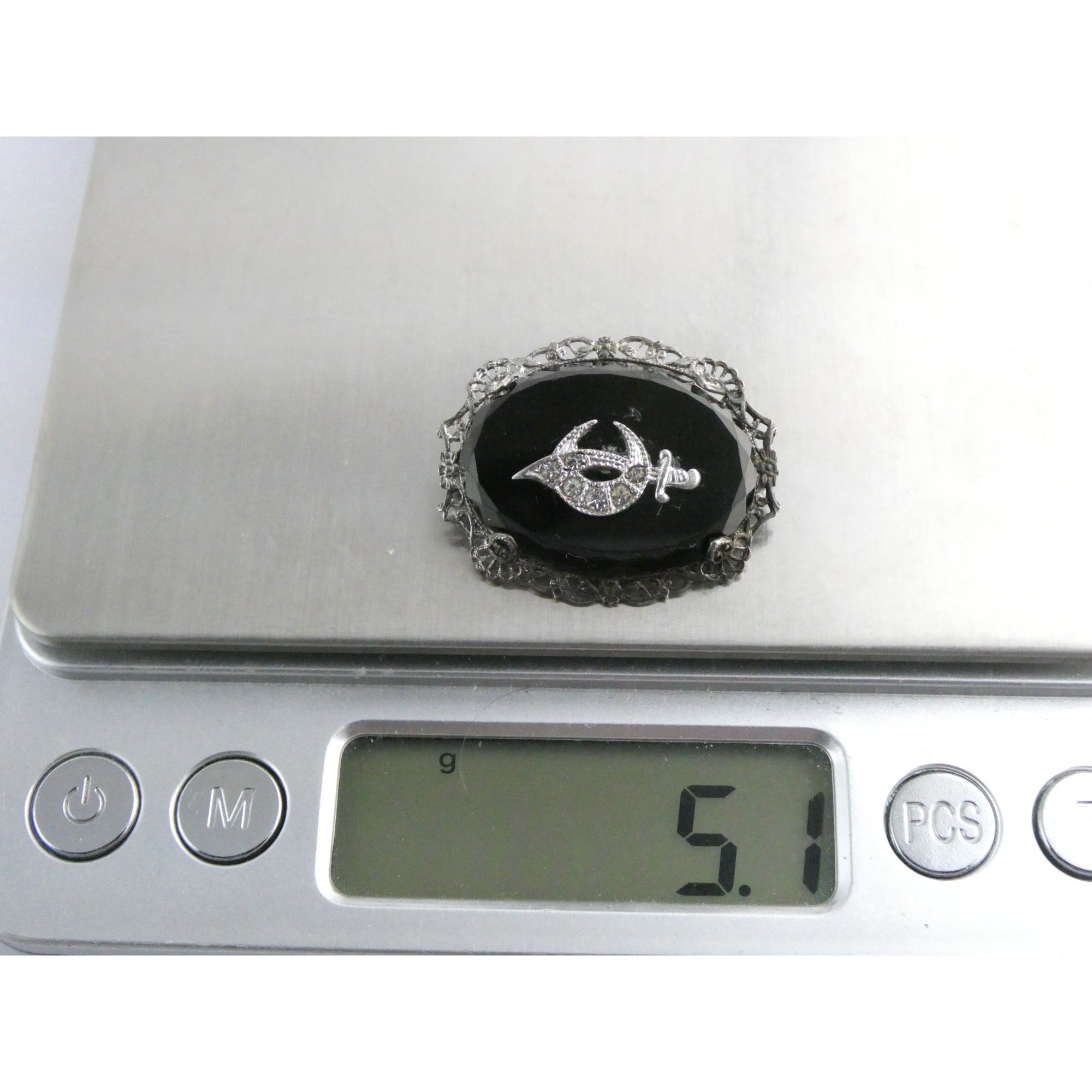 Vintage Sterling Silver Masonic Shriner Sword Black and White Glass Gem Pin 5g