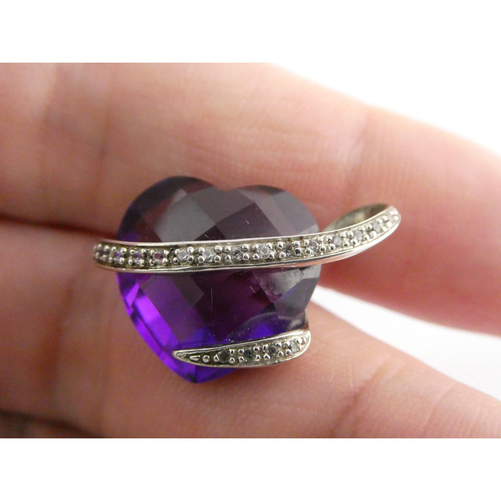 Designer P Star M Sterling Silver White Topaz and Amethyst Heart Pendant 3g 15mm