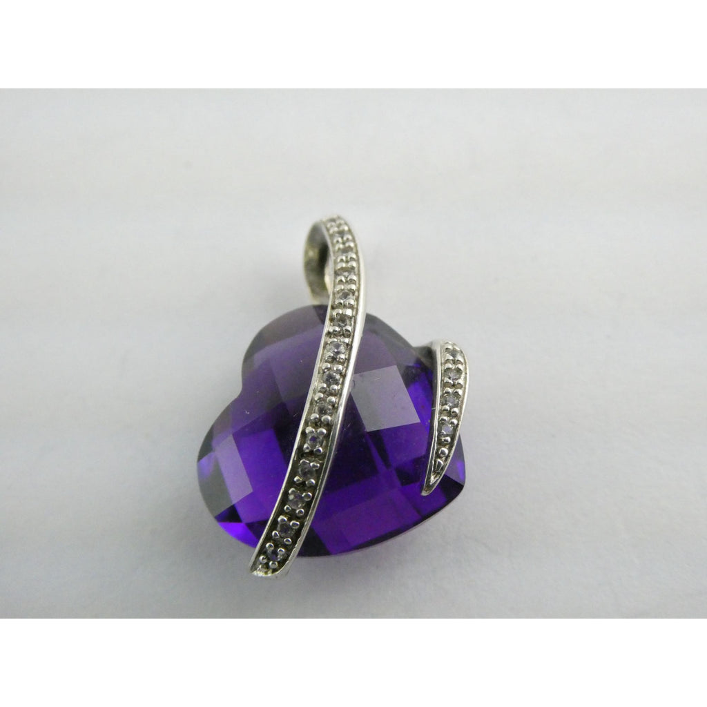 Designer P Star M Sterling Silver White Topaz and Amethyst Heart Pendant 3g 15mm
