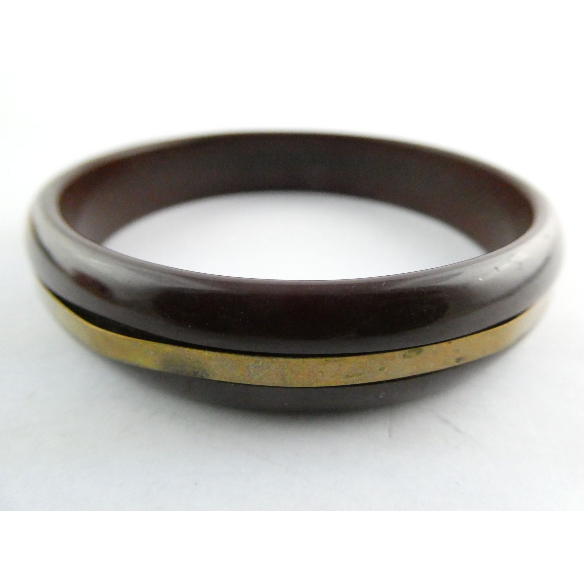 Vintage Brown Plastic with Brass Band Bangle Bracelet 17.2g Weight 8 Inch Fit