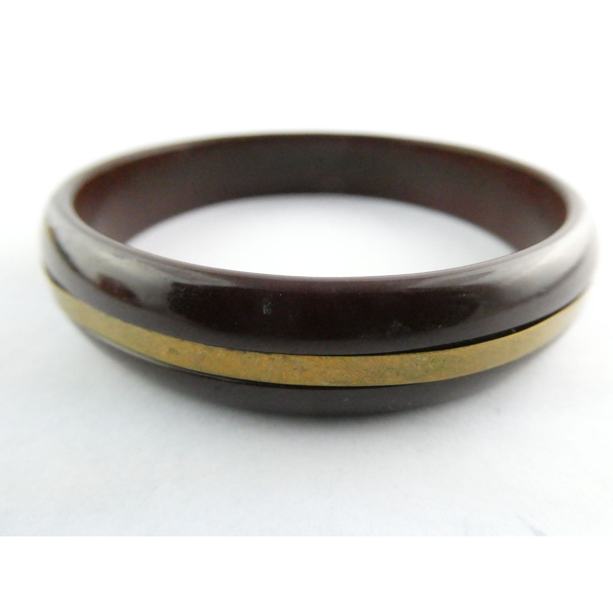 Vintage Brown Plastic with Brass Band Bangle Bracelet 17.2g Weight 8 Inch Fit