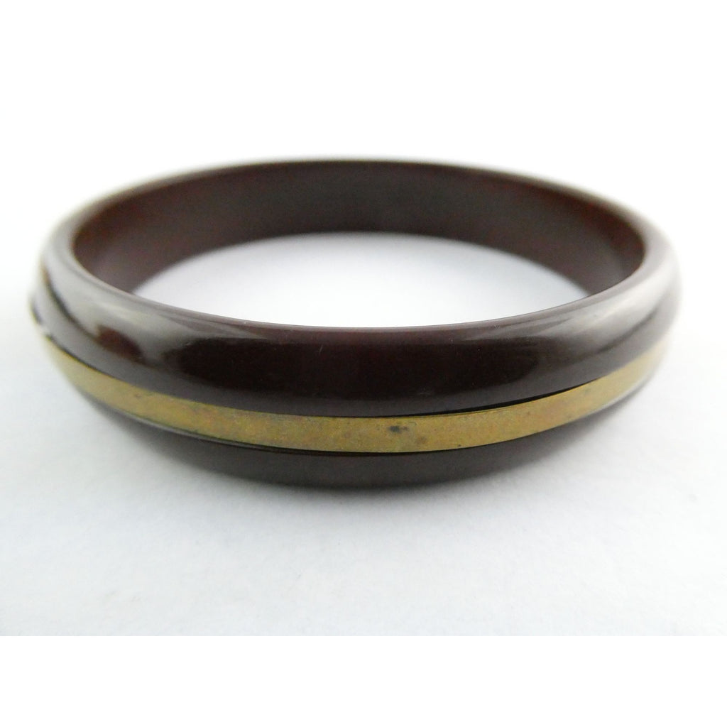 Vintage Brown Plastic with Brass Band Bangle Bracelet 17.2g Weight 8 Inch Fit