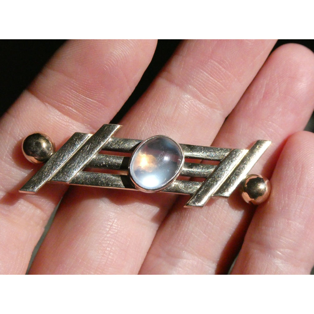 Vintage Walter Lampl Sterling Silver and 14k Gold Moonstone Cabochon Pin Brooch