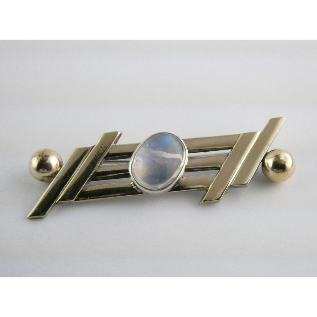 Vintage Walter Lampl Sterling Silver and 14k Gold Moonstone Cabochon Pin Brooch