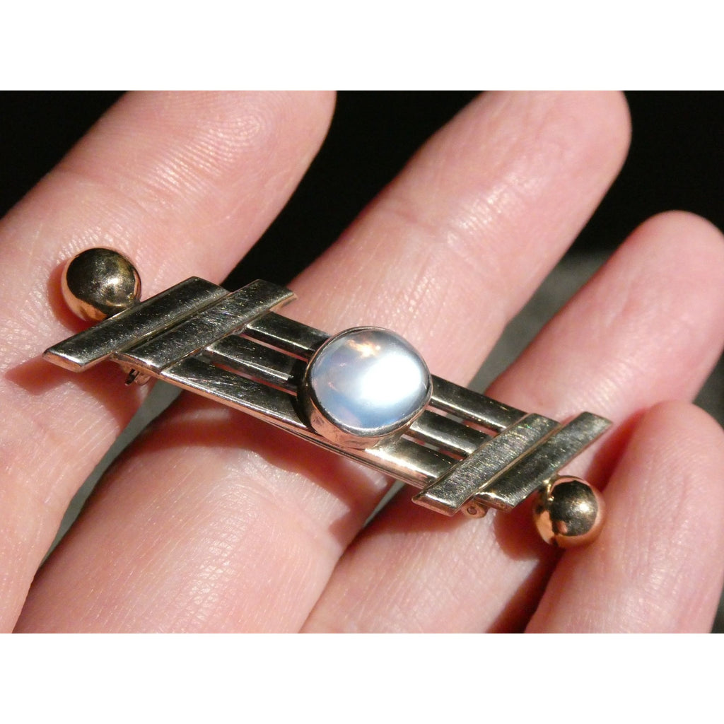 Vintage Walter Lampl Sterling Silver and 14k Gold Moonstone Cabochon Pin Brooch