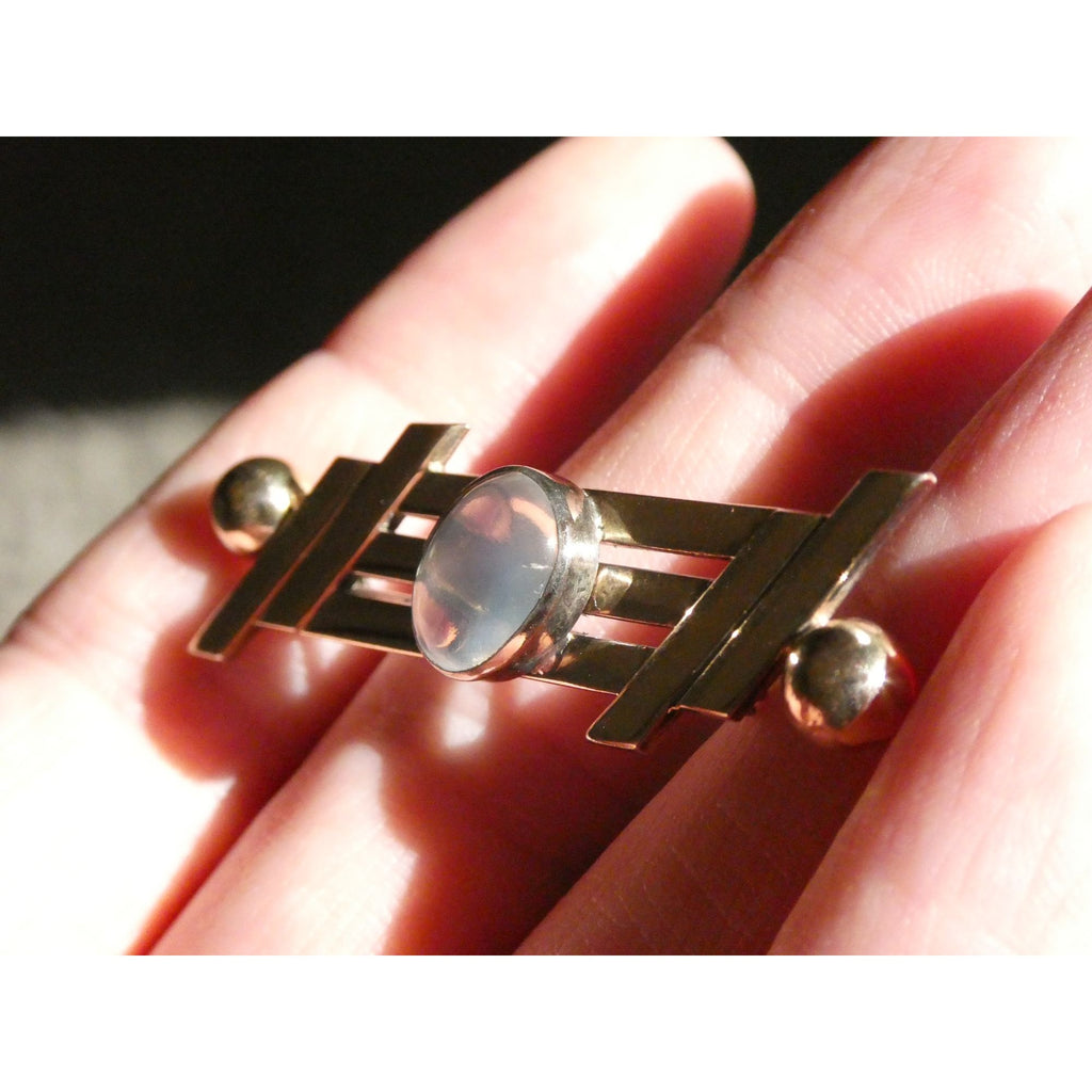 Vintage Walter Lampl Sterling Silver and 14k Gold Moonstone Cabochon Pin Brooch