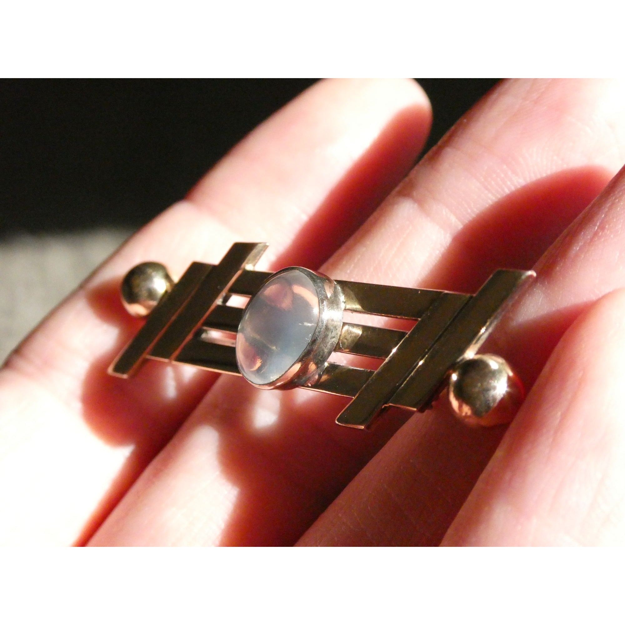 Vintage Walter Lampl Sterling Silver and 14k Gold Moonstone Cabochon Pin Brooch