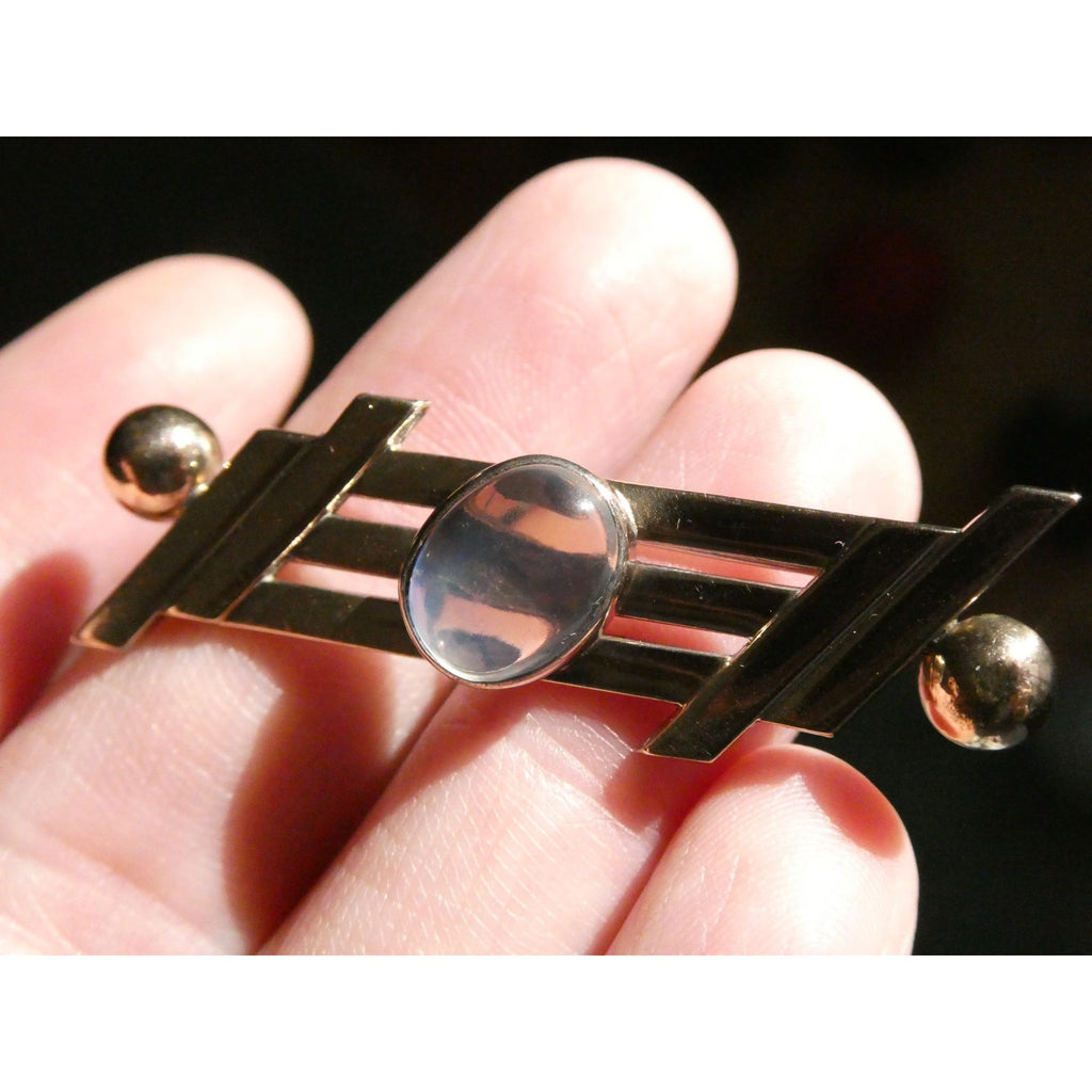 Vintage Walter Lampl Sterling Silver and 14k Gold Moonstone Cabochon Pin Brooch