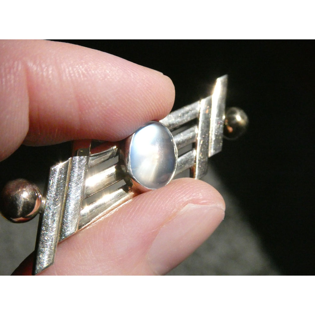 Vintage Walter Lampl Sterling Silver and 14k Gold Moonstone Cabochon Pin Brooch