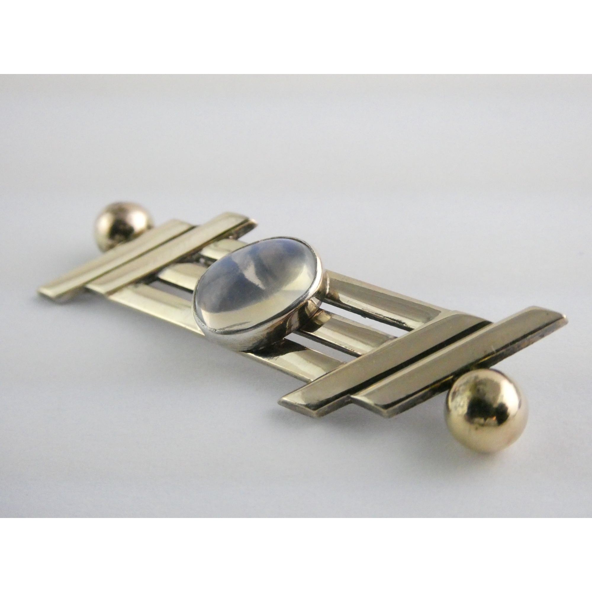 Vintage Walter Lampl Sterling Silver and 14k Gold Moonstone Cabochon Pin Brooch