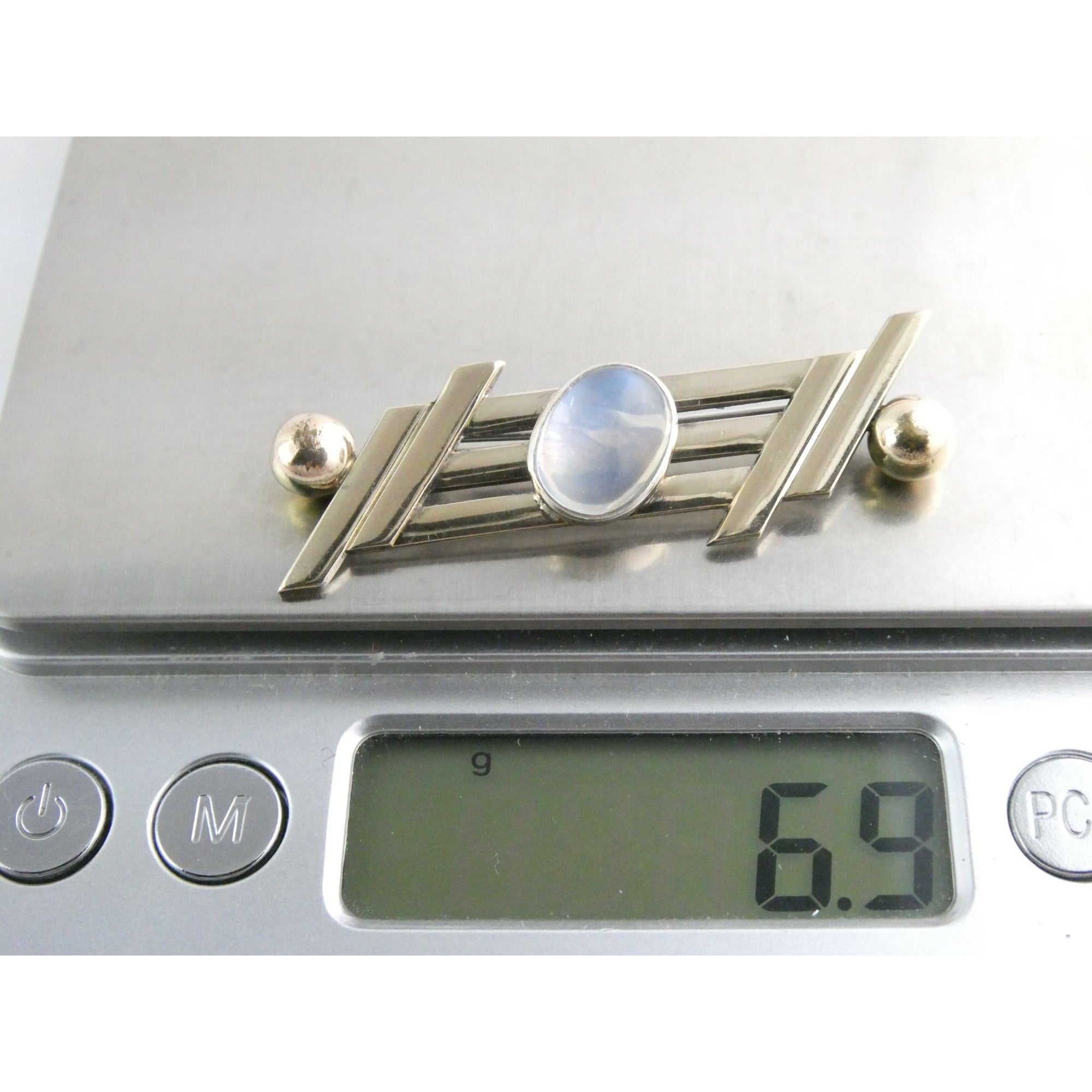 Vintage Walter Lampl Sterling Silver and 14k Gold Moonstone Cabochon Pin Brooch