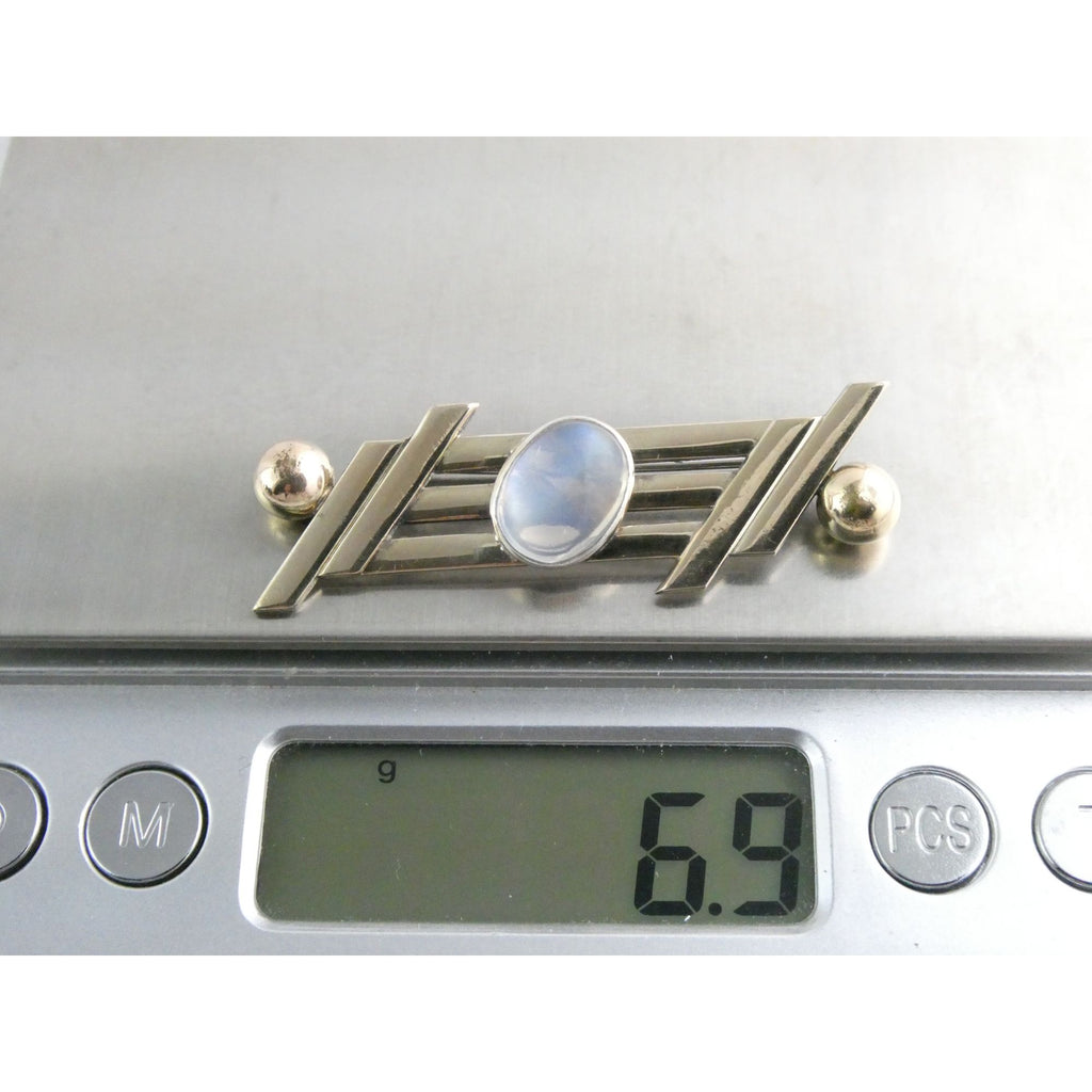 Vintage Walter Lampl Sterling Silver and 14k Gold Moonstone Cabochon Pin Brooch