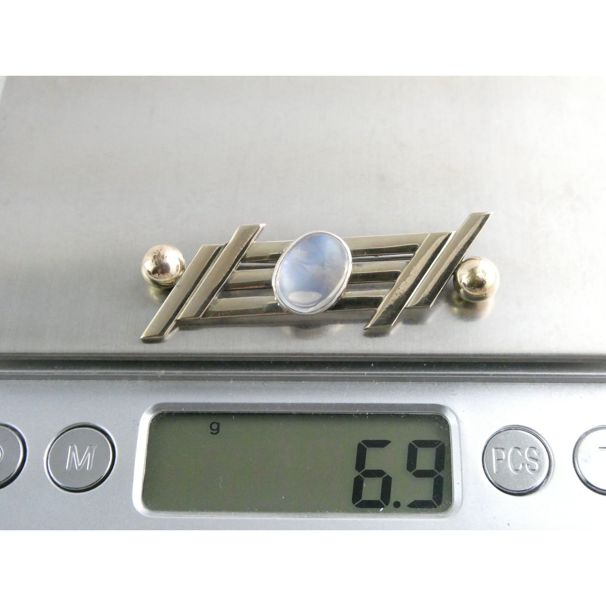 Vintage Walter Lampl Sterling Silver and 14k Gold Moonstone Cabochon Pin Brooch