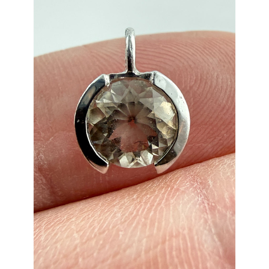 Sterling Silver Pale Yellow Quartz Faceted Round Pendant Charm 1g Weight 8.8mm
