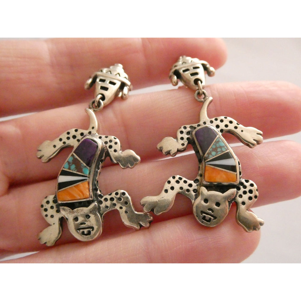 NA Zuni Rock Kritters Sterling Silver Gem Inlay Big Cat Earrings 20g 2 Inches