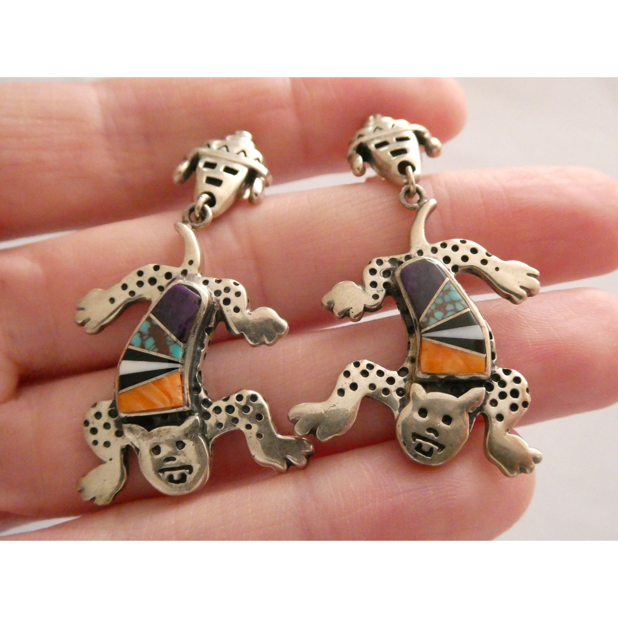 NA Zuni Rock Kritters Sterling Silver Gem Inlay Big Cat Earrings 20g 2 Inches