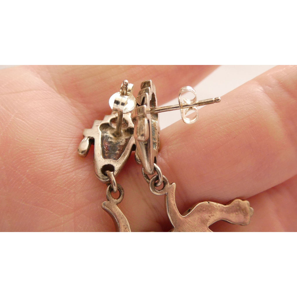 NA Zuni Rock Kritters Sterling Silver Gem Inlay Big Cat Earrings 20g 2 Inches