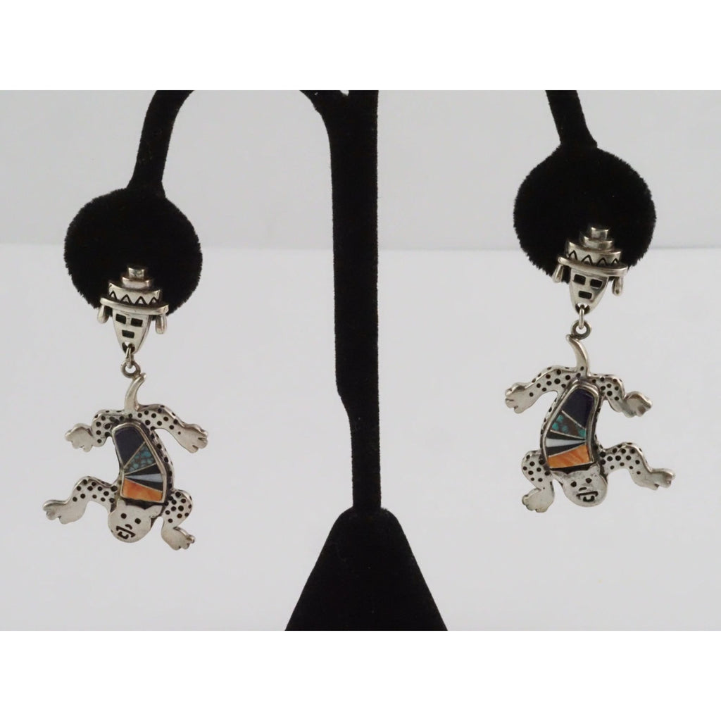 NA Zuni Rock Kritters Sterling Silver Gem Inlay Big Cat Earrings 20g 2 Inches