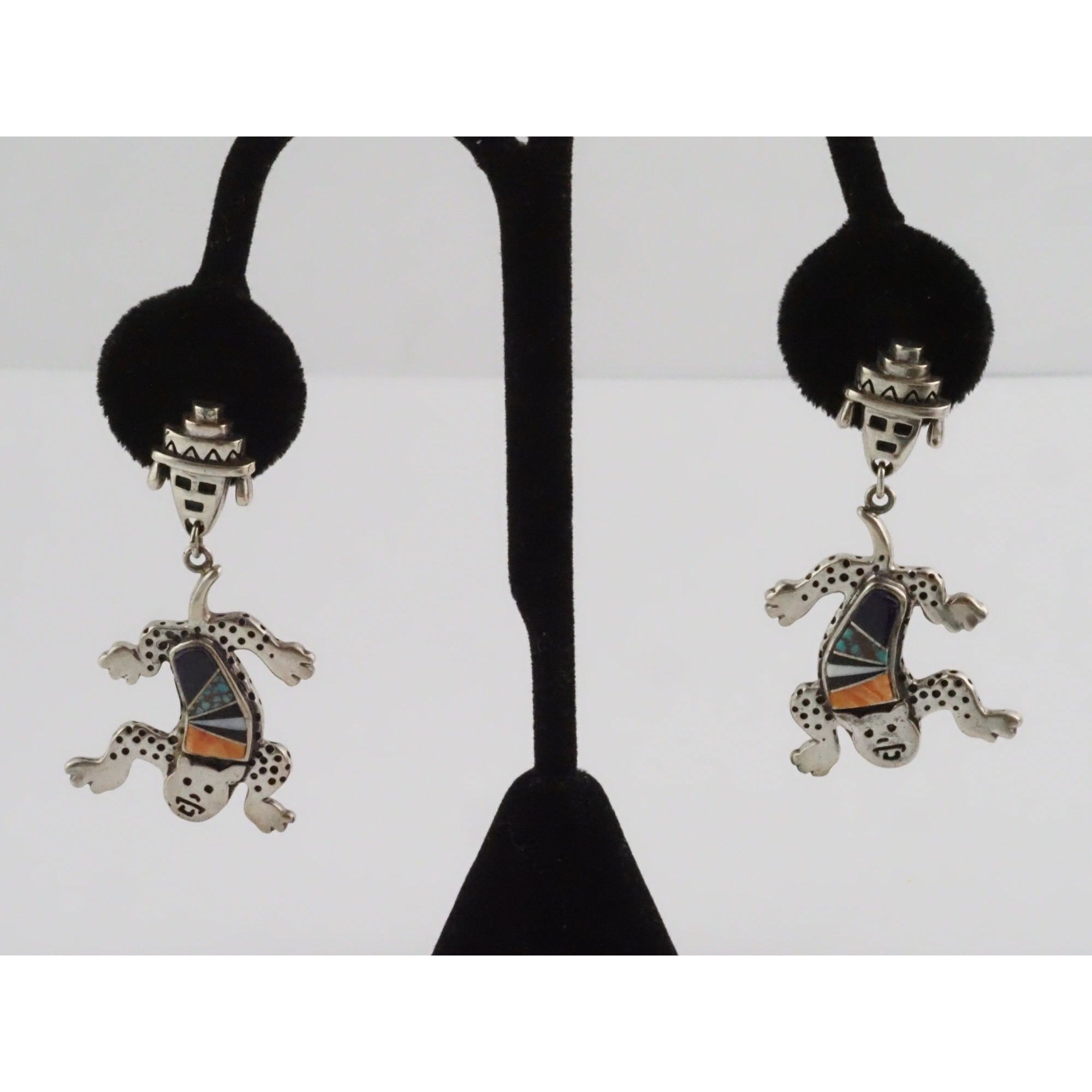 NA Zuni Rock Kritters Sterling Silver Gem Inlay Big Cat Earrings 20g 2 Inches