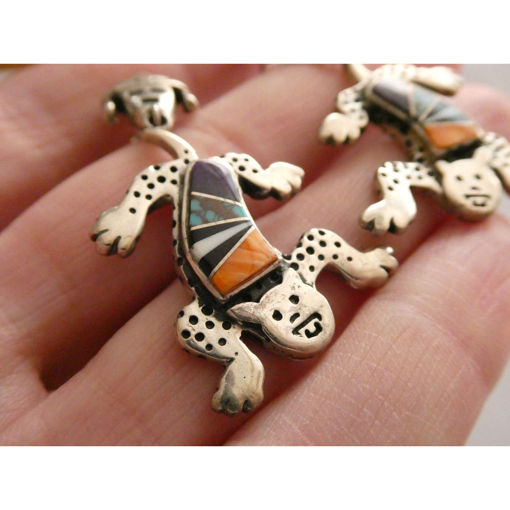 NA Zuni Rock Kritters Sterling Silver Gem Inlay Big Cat Earrings 20g 2 Inches