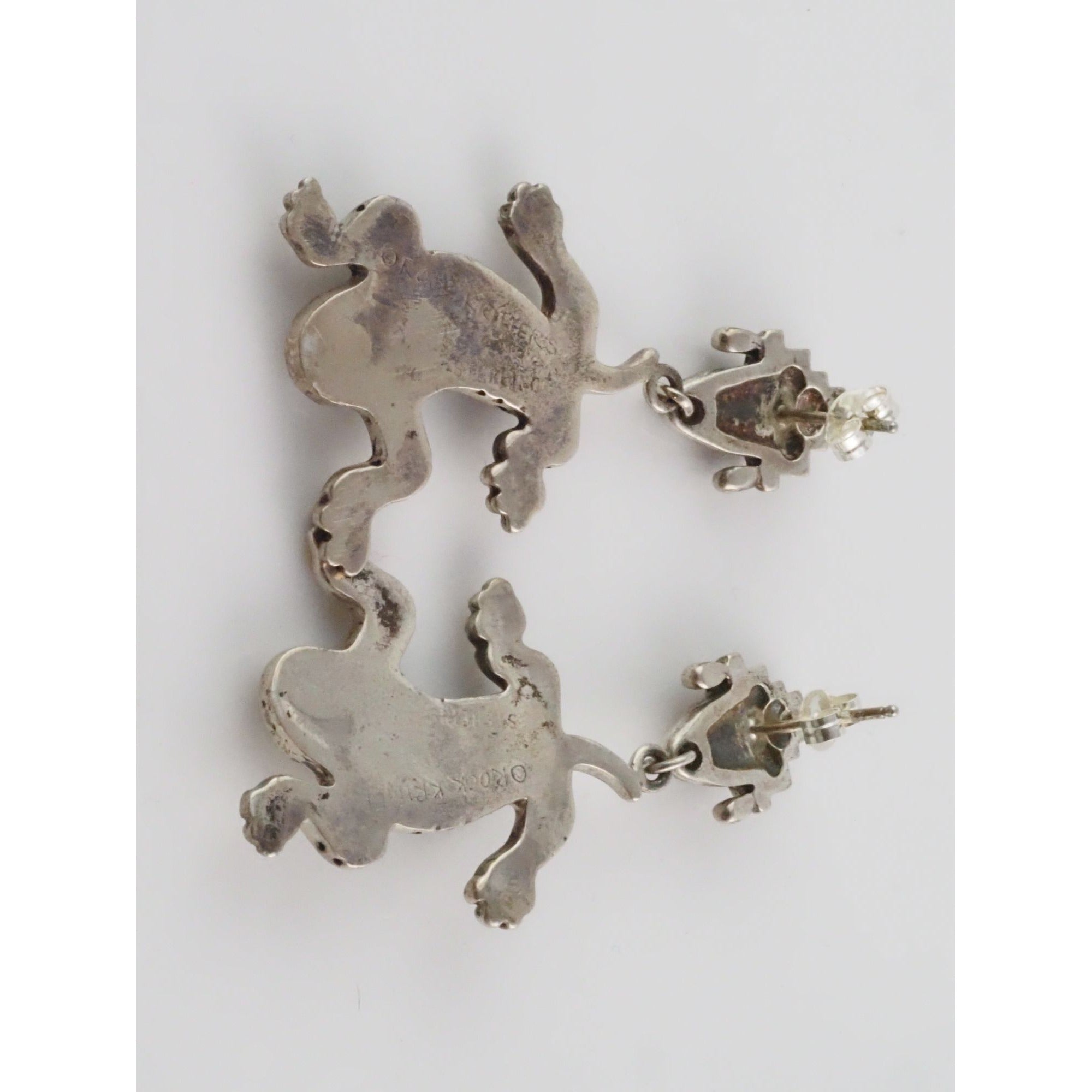 NA Zuni Rock Kritters Sterling Silver Gem Inlay Big Cat Earrings 20g 2 Inches