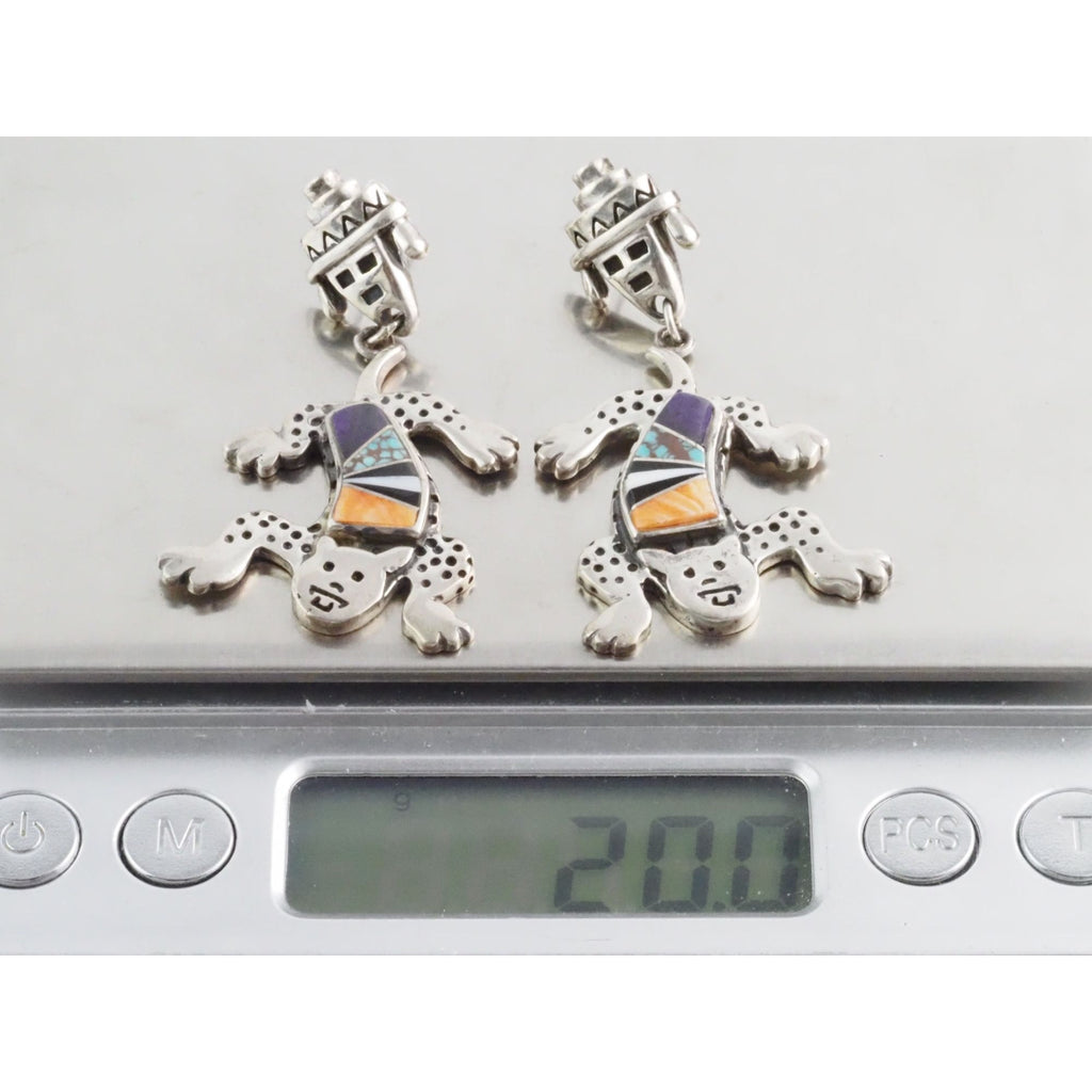 NA Zuni Rock Kritters Sterling Silver Gem Inlay Big Cat Earrings 20g 2 Inches